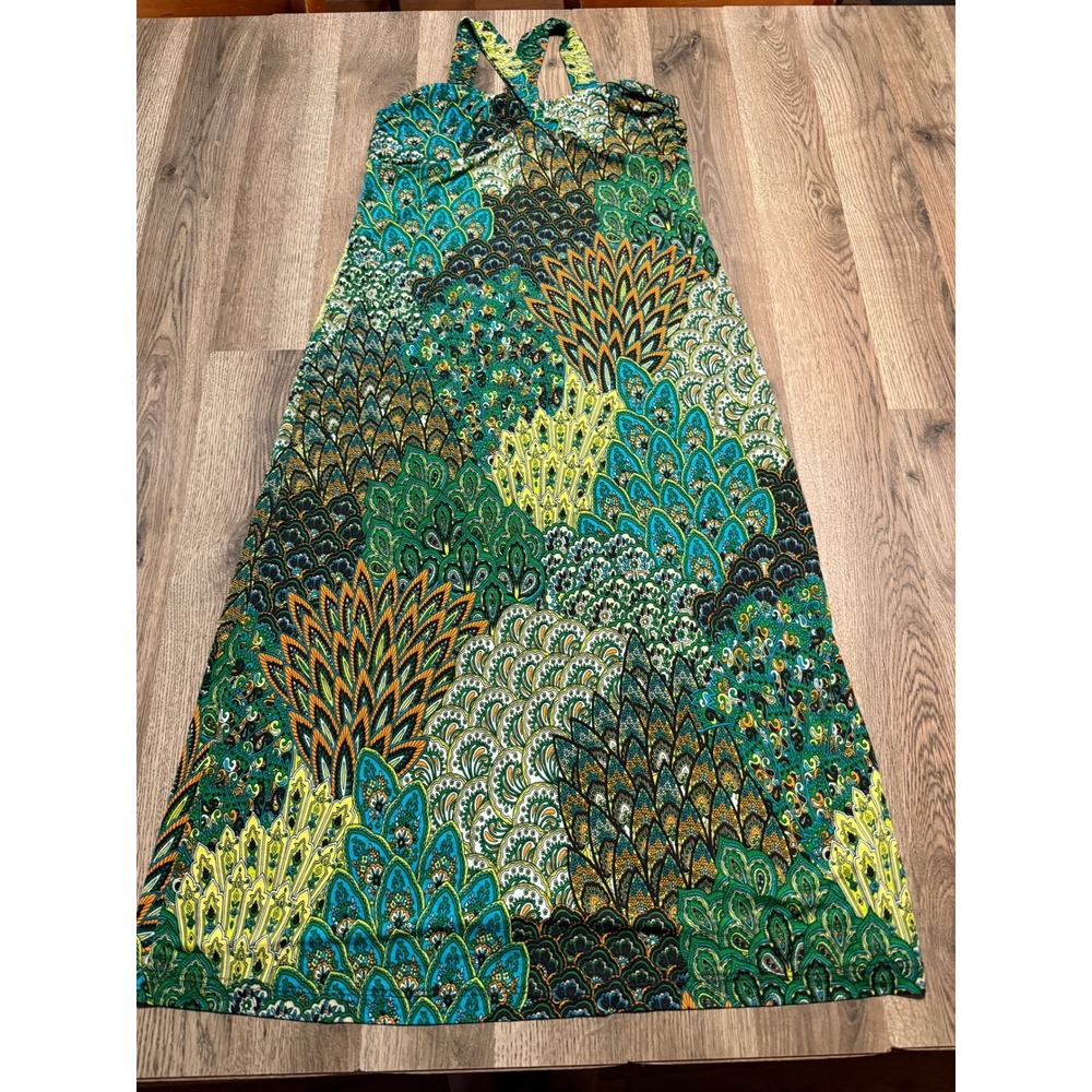 Body Central Dress Womens Size M Green Maxi Halter Neck Peacock Paisley Print